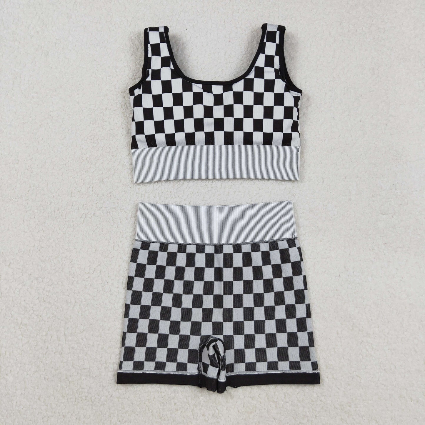 GSSO2703 Adult Black Plaid Crop Bra Top Shorts Woman Summer Yoga Clothes Set