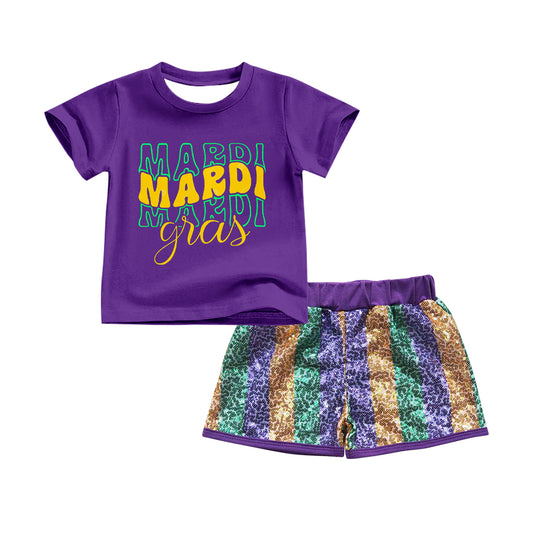 (Pre-order)GSSO2713 Mardi Gras Purple Top Sequins Shorts Girls Mardi Gras Clothes Set