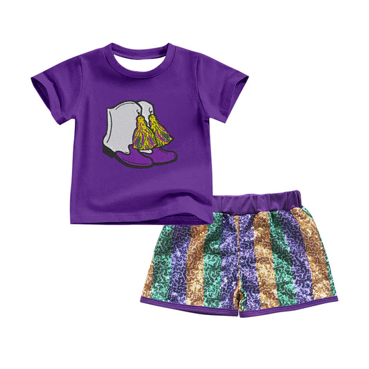 (Pre-order)GSSO2714 Boots Purple Top Sequins Shorts Girls Mardi Gras Clothes Set