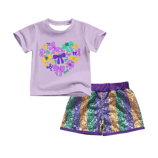 (Pre-order)GSSO2715 Colorful Bows Top Sequins Shorts Girls Mardi Gras Clothes Set