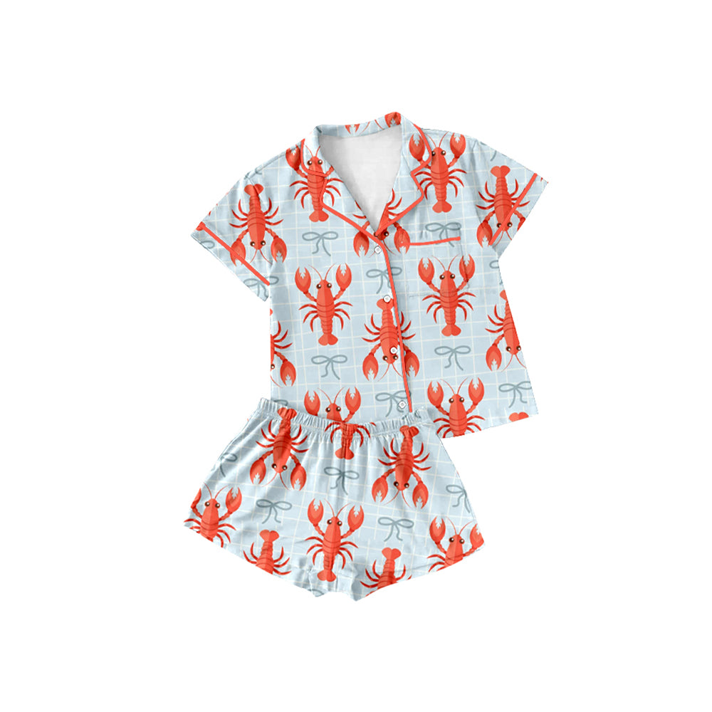 (Pre-order)GSSO2719 Crayfish Bows Print Girls Buttons Summer Pajamas Clothes Set