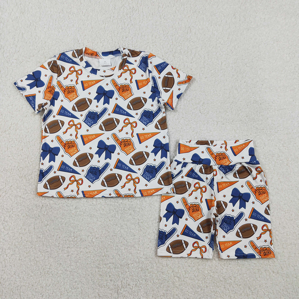 GSSO2722 Orange Navy Go Team Cheer Bows Print Girls Summer Clothes Set