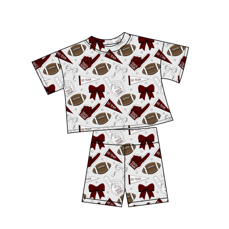 (Pre-order)GSSO2723 Wine White Go Team Cheer Bows Print Girls Summer Clothes Set