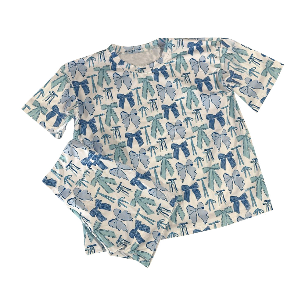 (Pre-order)GSSO2729 Blue Bows Print Girls Summer Pajamas Clothes Set