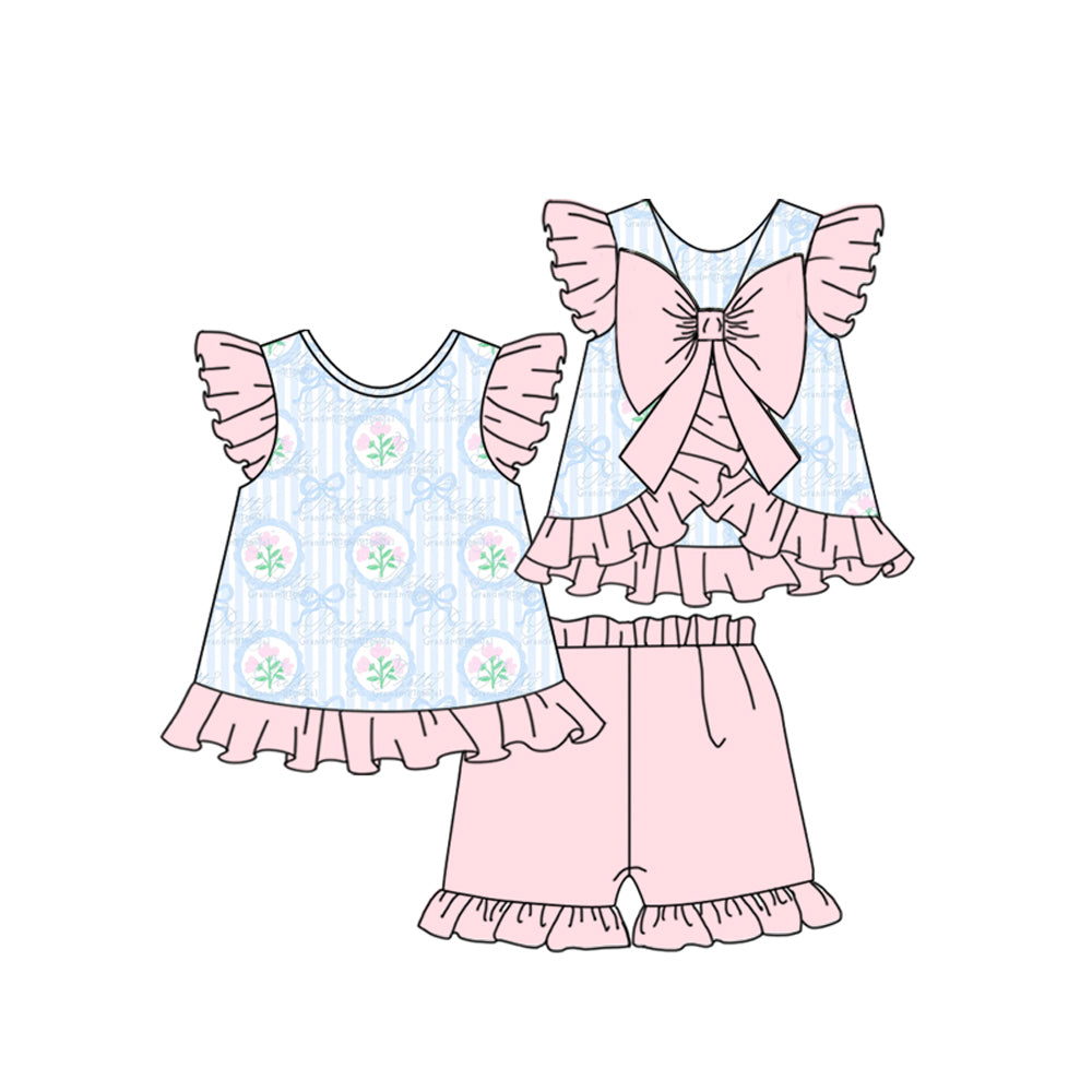 (Pre-order)GSSO2732 Flowers Bows Stripes Backless Top Pink Shorts Girls Summer Clothes Set