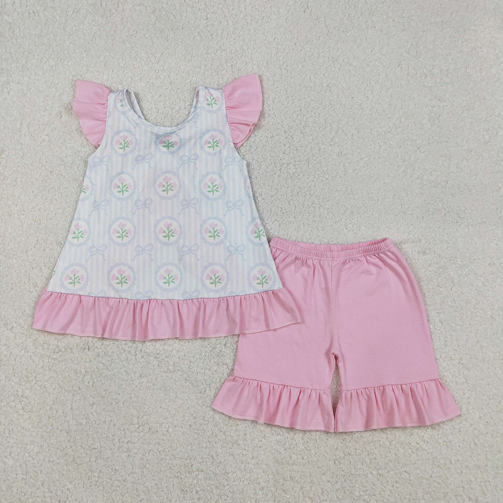 GSSO2732 Flowers Bows Stripes Backless Top Pink Shorts Girls Summer Clothes Set