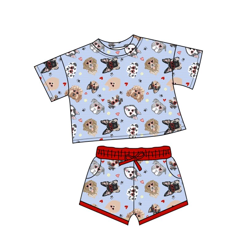(Pre-order)GSSO2736 Dog Heart Print Shorts Girls Valentine's Day Clothes Set