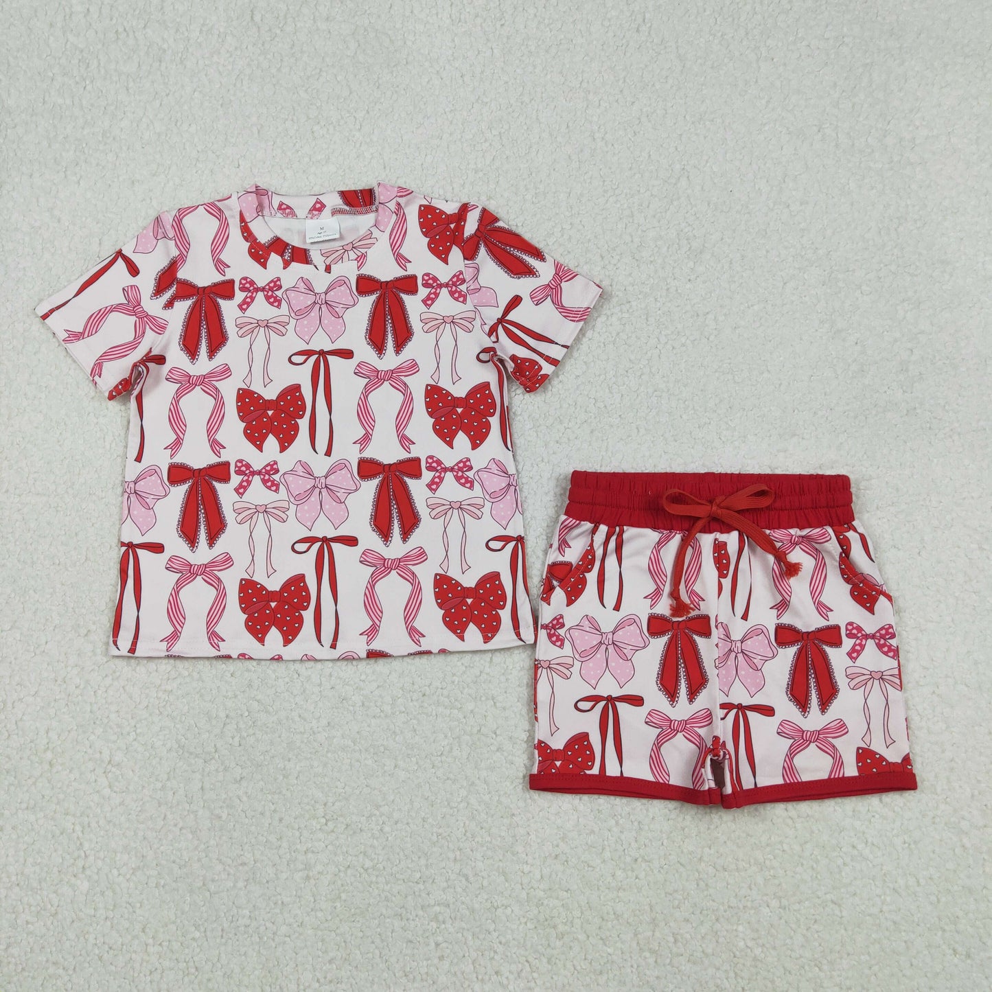 GSSO2737 Red Pink Bows Print Shorts Girls Valentine's Day Clothes Set