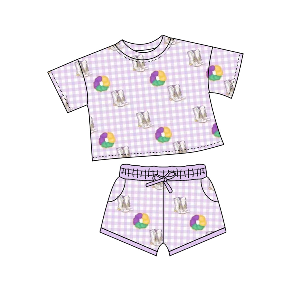 (Pre-order)GSSO2740 Donut Boots Print Shorts Girls Mardi Gras Clothes Set
