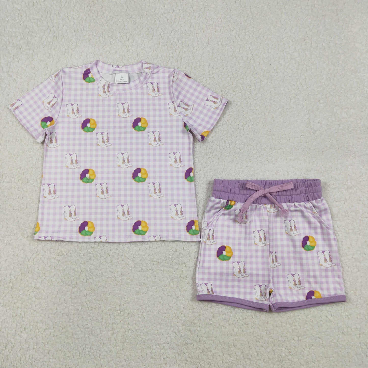 GSSO2740 Donut Boots Purple Plaid Top Pockets Shorts Girls Mardi Gras Clothes Set