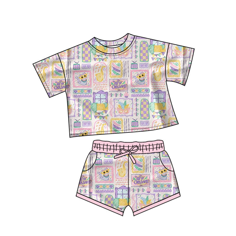 (Pre-order)GSSO2742 Mask Plaid Pink Print Shorts Girls Mardi Gras Clothes Set
