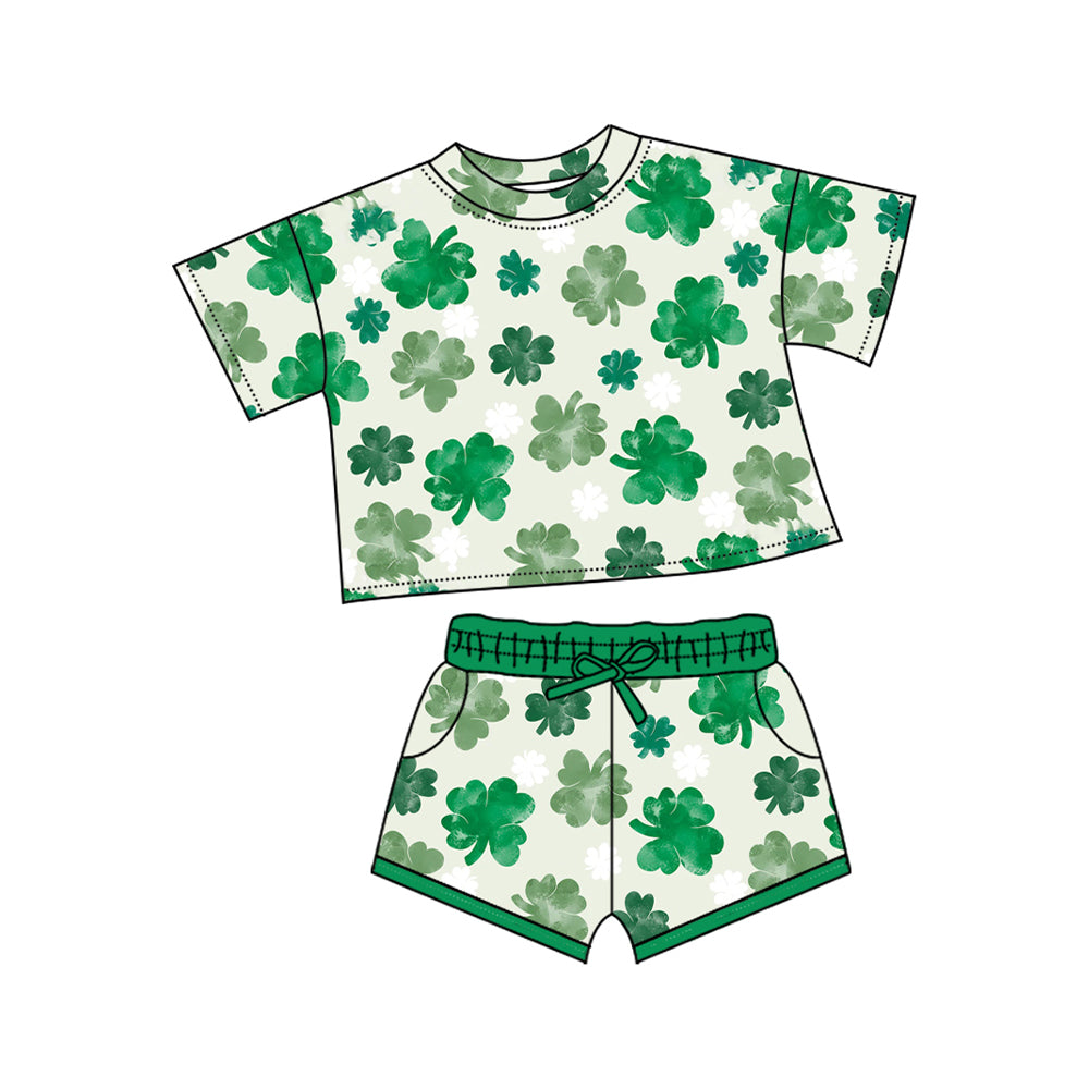 (Pre-order)GSSO2744 Leaf Green Print Shorts Girls St. Patrick's Day Clothes Set