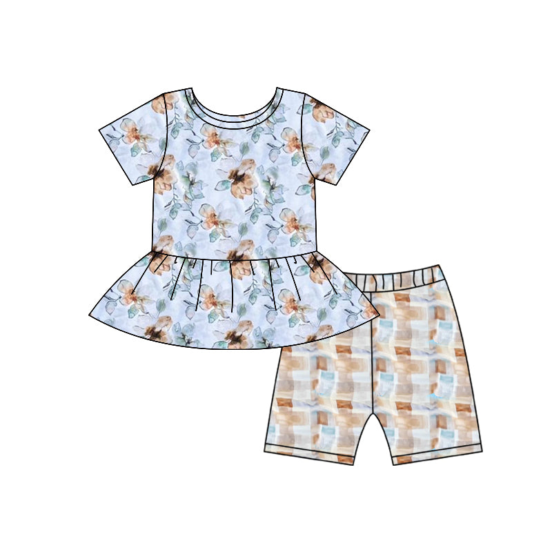 (Pre-order)GSSO2748 Flowers Top Plaid Shorts Girls Summer Clothes Set
