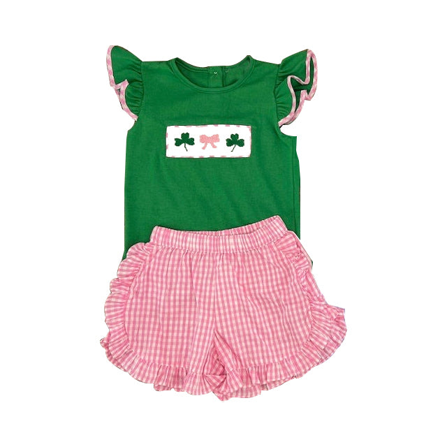 (Pre-order)GSSO2752 Leaf Bow Green Top Plaid Shorts Girls St. Patrick's Day Clothes Set