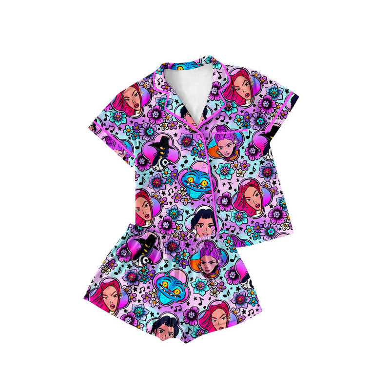 (Pre-order)GSSO2753 Cartoon Characters Demon Movie Flowers Print Girls Buttons Summer Pajamas Clothes Set