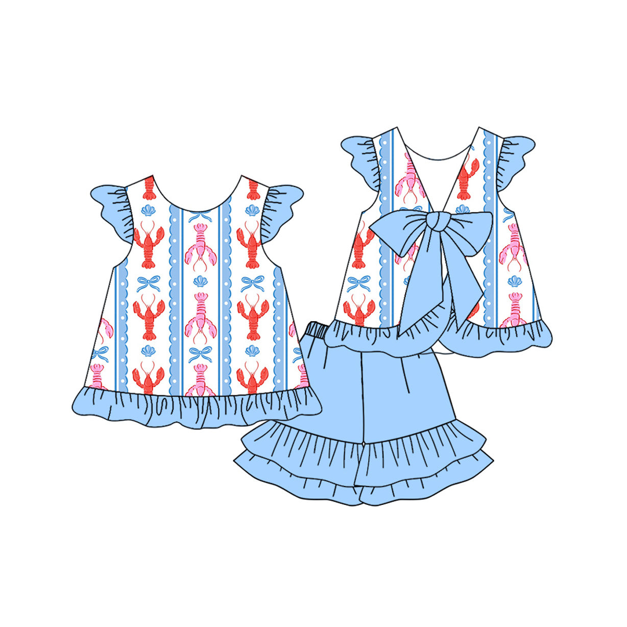 (Pre-order)GSSO2756 Crayfish Bows Top Blue Shorts Girls Summer Clothes Set