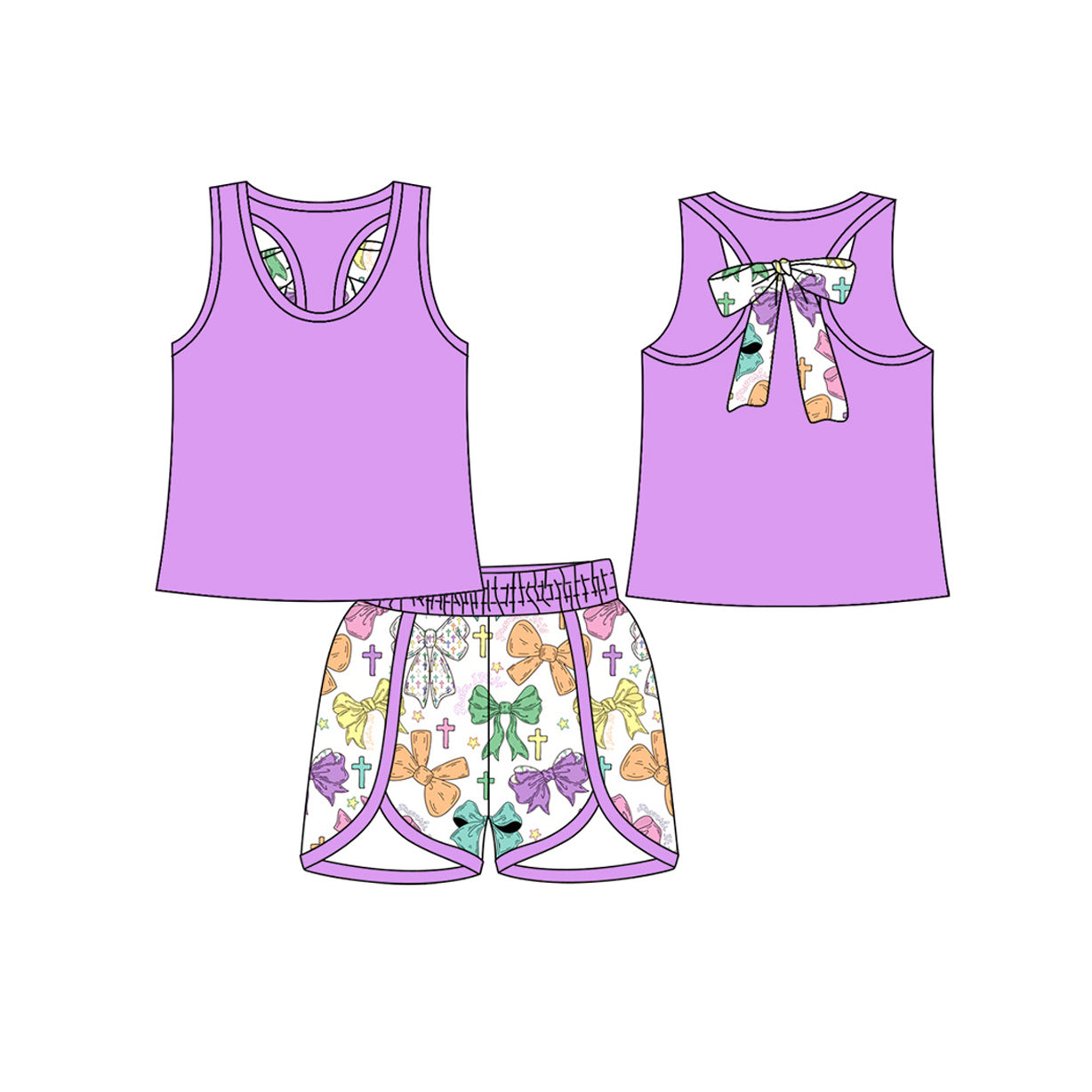 (Pre-order)GSSO2757 Purple Top Colorful Bows Cross Shorts Girls Easter Clothes Set