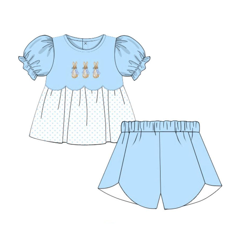 (Pre-order)GSSO2765 Bunny Tunic Top Blue Shorts Girls Easter Clothes Set
