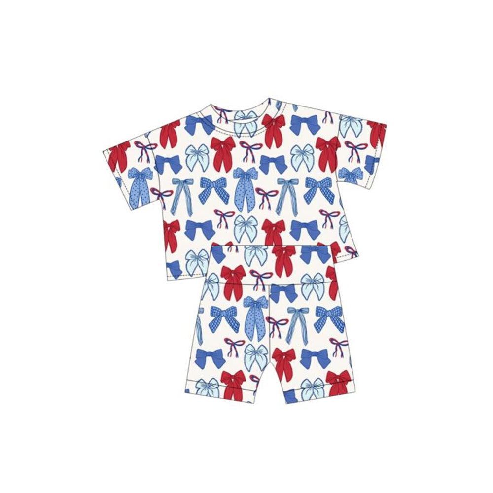 (Pre-order)GSSO2772 Red Blue Bows Print Girls 4th of July Clothes Set