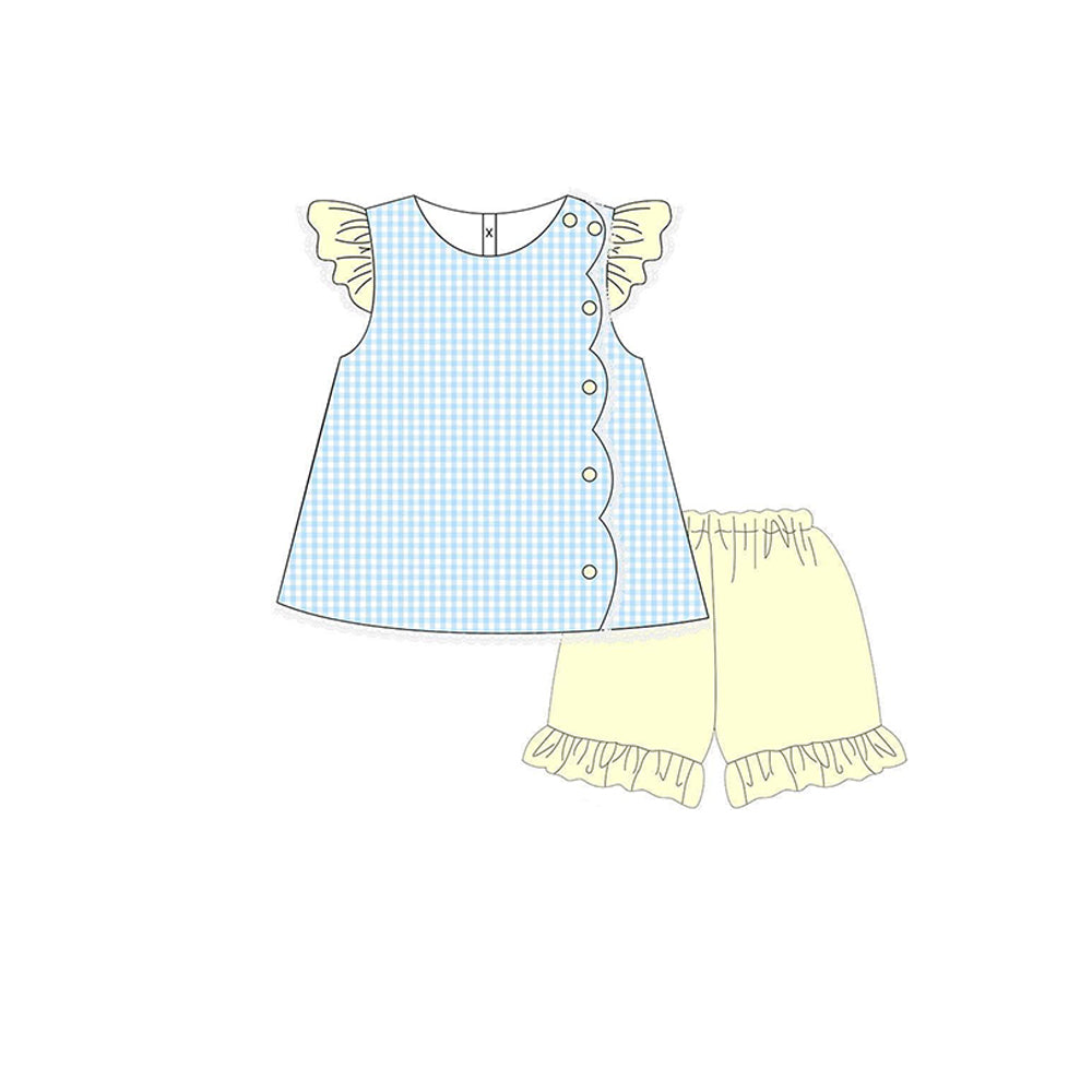 (Pre-order)GSSO2775 Blue Plaid Top Yellow Shorts Girls Summer Clothes Set