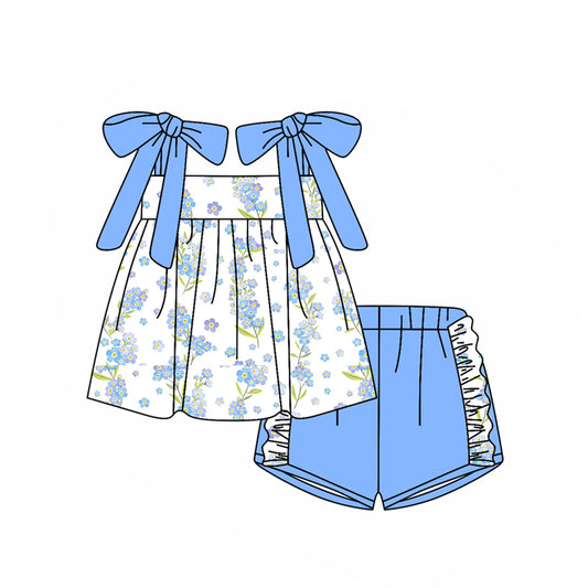 (Pre-order)GSSO2776 Blue Flowers Tunic Top Ruffle Shorts Girls Summer Clothes Set
