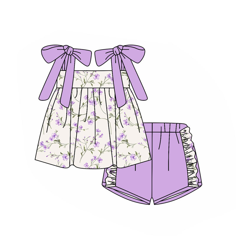 (Pre-order)GSSO2777 Purple Flowers Tunic Top Ruffle Shorts Girls Summer Clothes Set