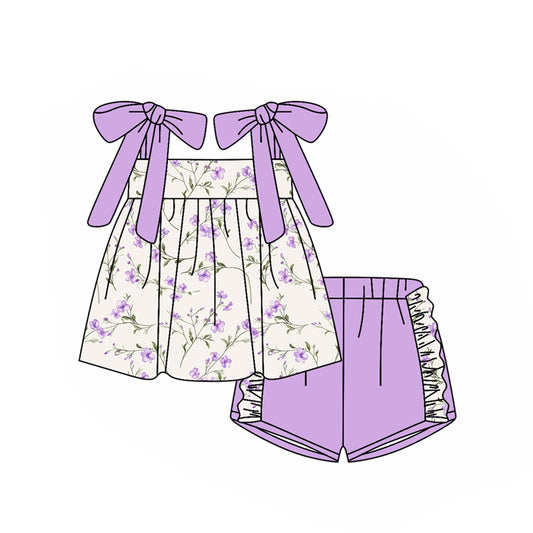 (Pre-order)GSSO2777 Purple Flowers Tunic Top Ruffle Shorts Girls Summer Clothes Set