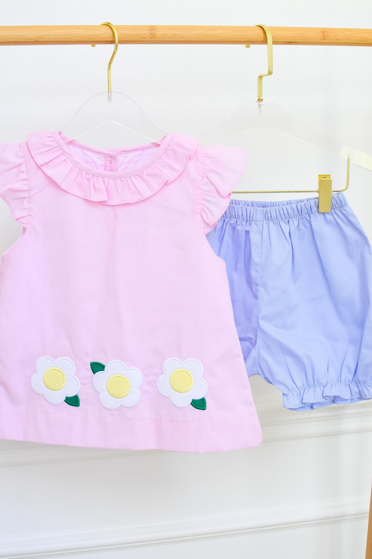 (Pre-order)GSSO2779 Flowers Pink Tunic Top Blue Shorts Girls Summer Clothes Set
