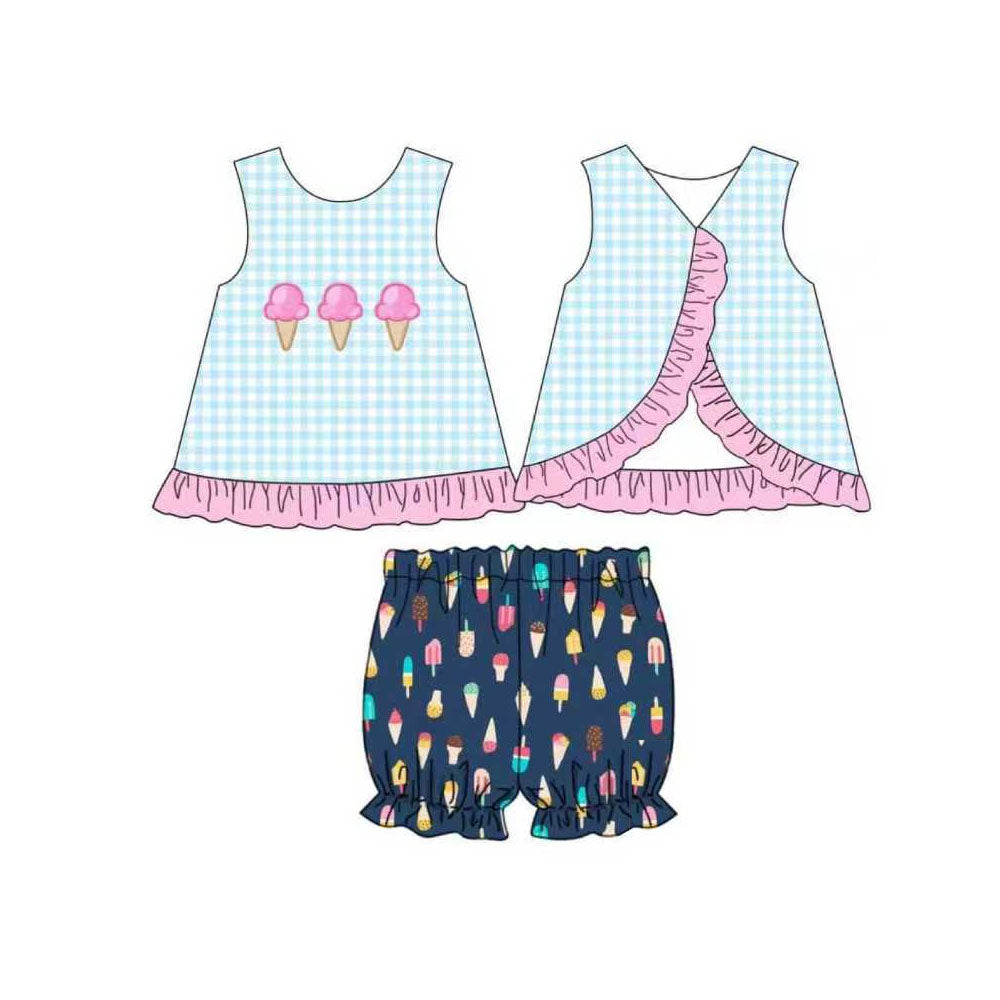 (Pre-order)GSSO2780 Blue Plaid Backless Top Colorful Popsicle Shorts Girls Summer Clothes Set