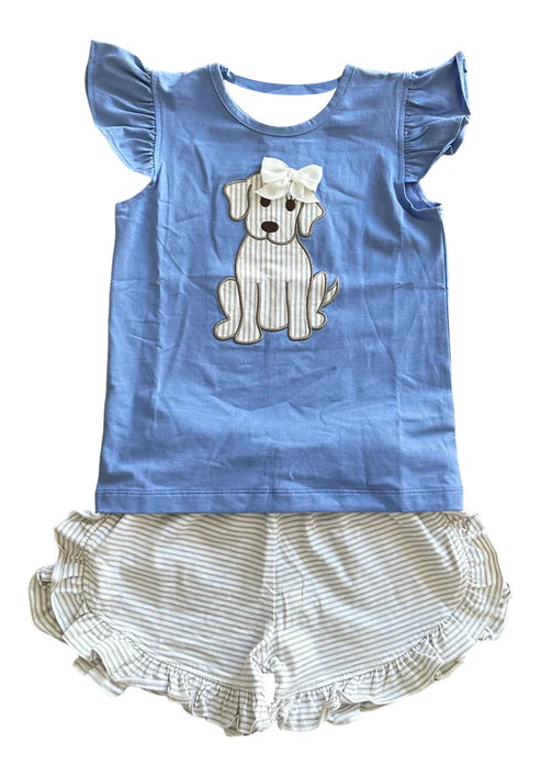 (Pre-order)GSSO2781 Puppy Blue Top Stripes Shorts Girls Summer Clothes Set
