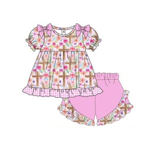 (Pre-order)GSSO2782 Colorful Flowers Cross Tunic Top Pink Shorts Girls Easter Clothes Set