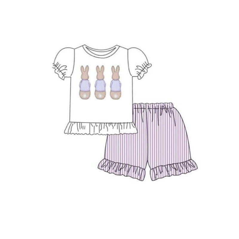 (Pre-order)GSSO2783 Bunny White Top Stripes Shorts Girls Easter Clothes Set