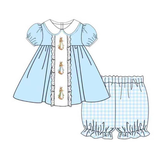 (Pre-order)GSSO2784 Bunny Blue Tunic Top Plaid Shorts Girls Easter Clothes Set