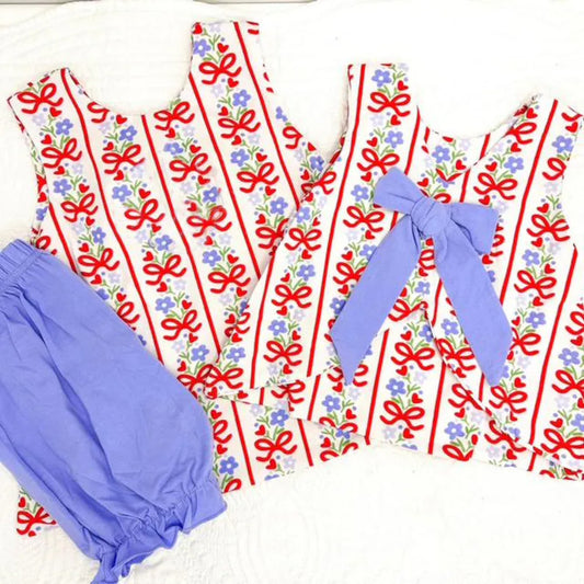(Pre-order)GSSO2785 Flowers Bows Top Blue Shorts Girls Summer Clothes Set