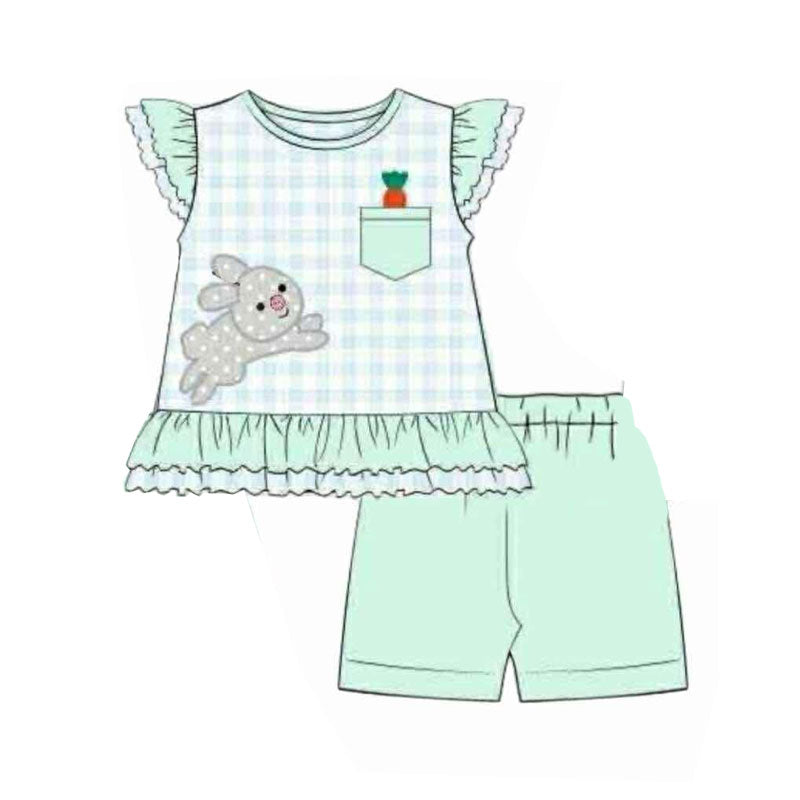 (Pre-order)GSSO2786 Bunny Carrot Plaid Top Green Shorts Girls Easter Clothes Set