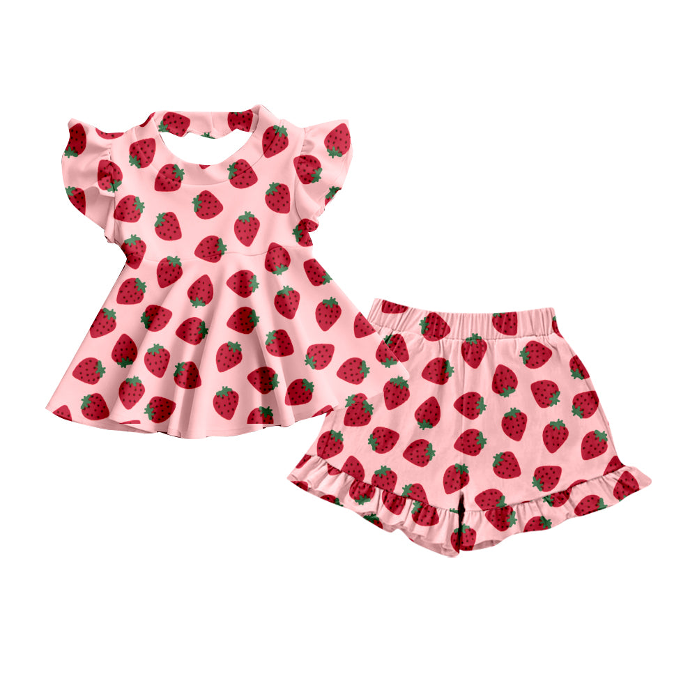 (Pre-order)GSSO2788 Strawberry Tunic Top Ruffle Shorts Girls Summer Clothes Set