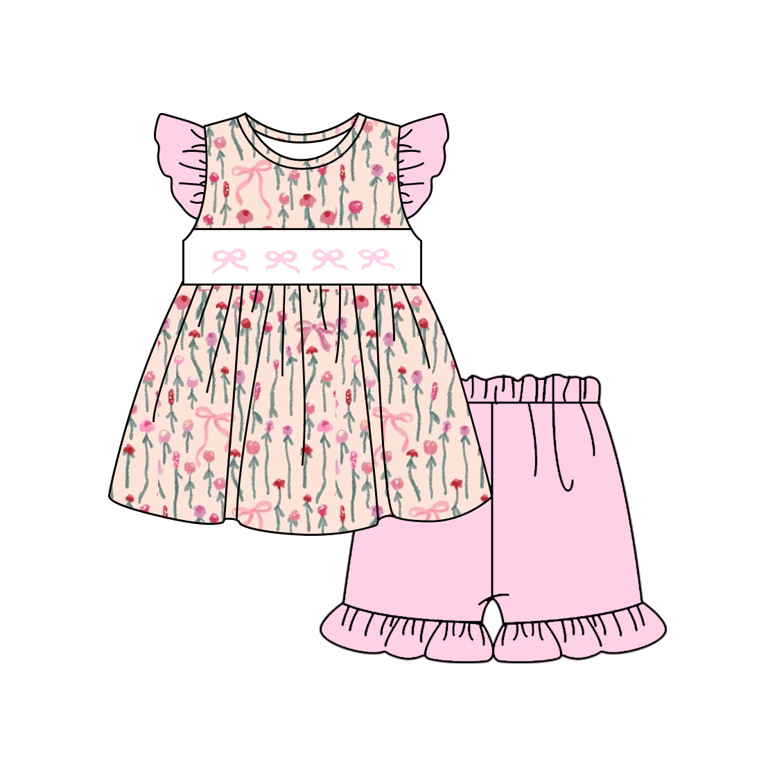(Pre-order)GSSO2789 Flowers Bows Tunic Top Pink Shorts Girls Summer Clothes Set