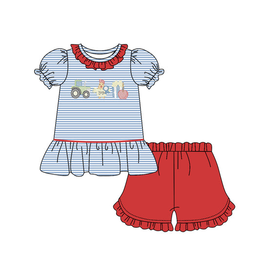 (Pre-order)GSSO2791 Farm Tractor Blue Stripes Top Red Shorts Girls Summer Clothes Set