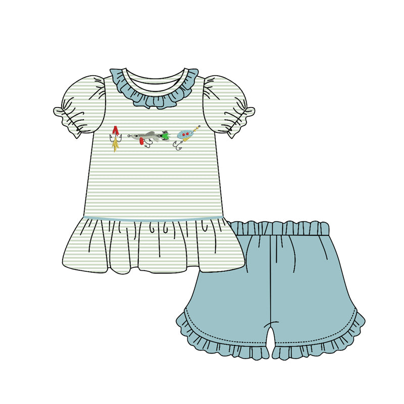 (Pre-order)GSSO2792 Fishhook Stripes Top Blue Shorts Girls Summer Clothes Set