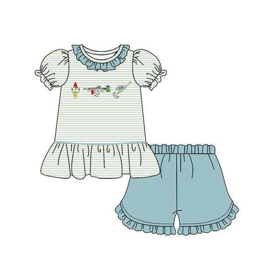 (Pre-order)GSSO2792 Fishhook Stripes Top Blue Shorts Girls Summer Clothes Set