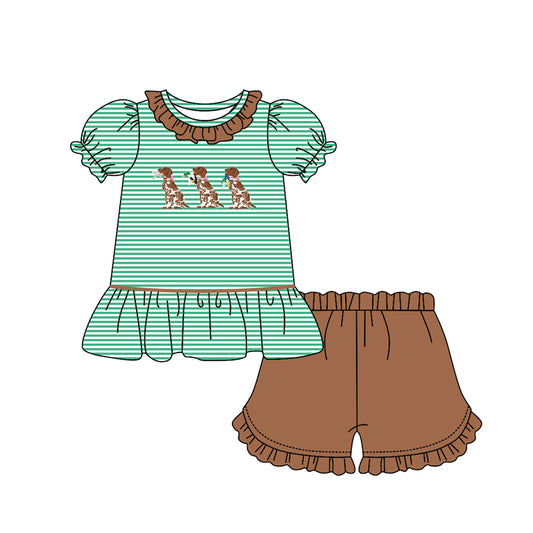 (Pre-order)GSSO2793 Dog Hunting Green Stripes Top Brown Shorts Girls Summer Clothes Set