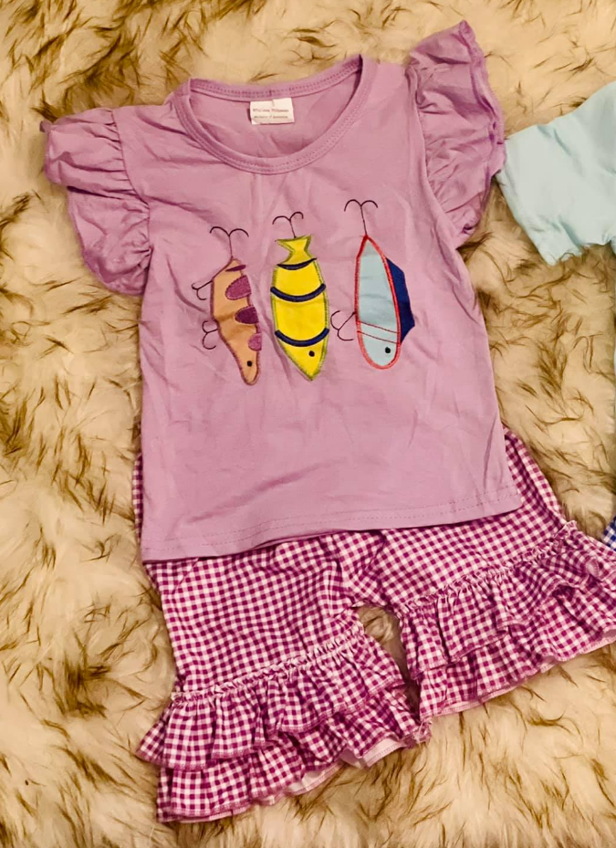 (Pre-order)GSSO2795 Fishhook Top Plaid Shorts Girls Summer Clothes Set