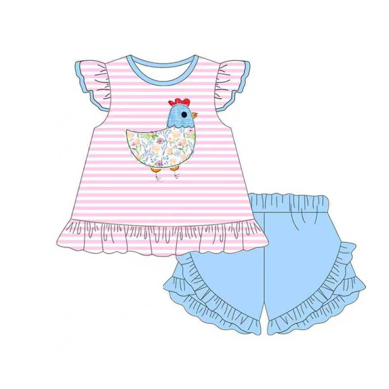 (Pre-order)GSSO2797 Chicken Flowers Stripes Tunic Top Blue Shorts Girls Summer Clothes Set
