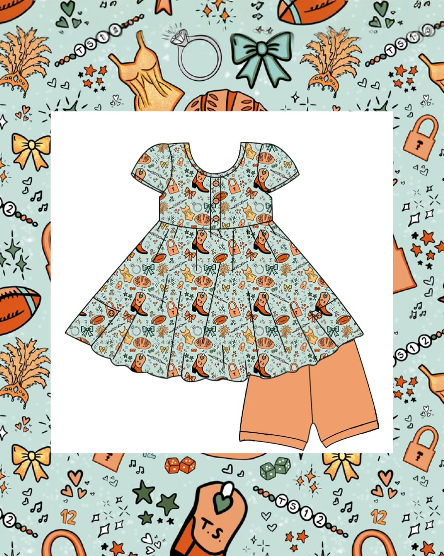 (Pre-order)GSSO2798 Football Bows Boots Tunic Top Orange Shorts Girls Summer Clothes Set