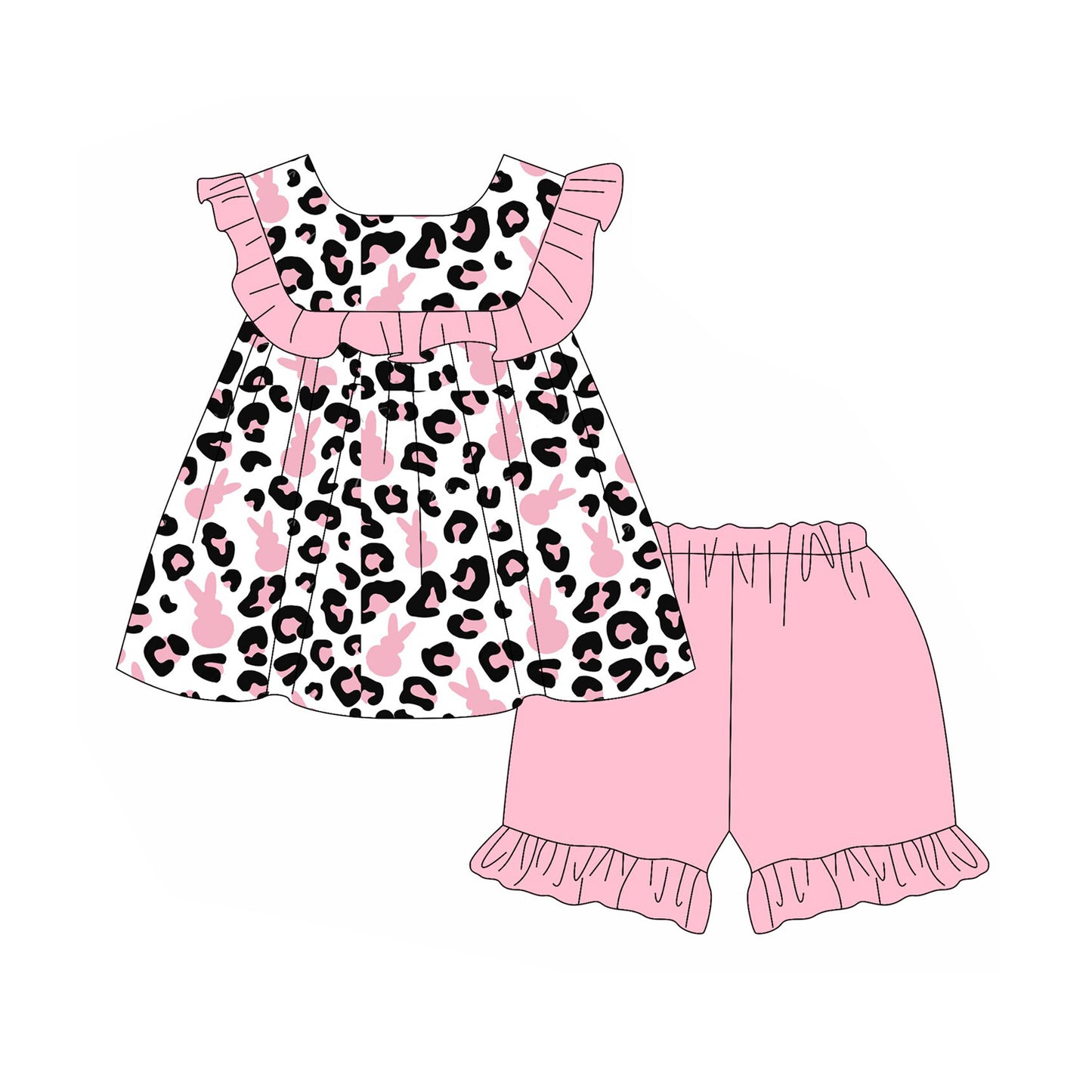 (Pre-order)GSSO2800 Bunny Leopard Tunic Top Pink Shorts Girls Easter Clothes Set