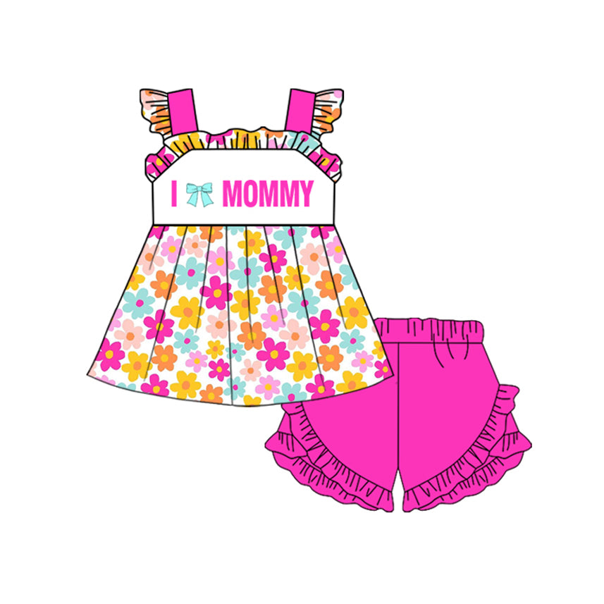 (Pre-order)GSSO2801 I LOVE MOMMY Colorful Flowers Tunic Top Pink Shorts Girls Summer Clothes Set