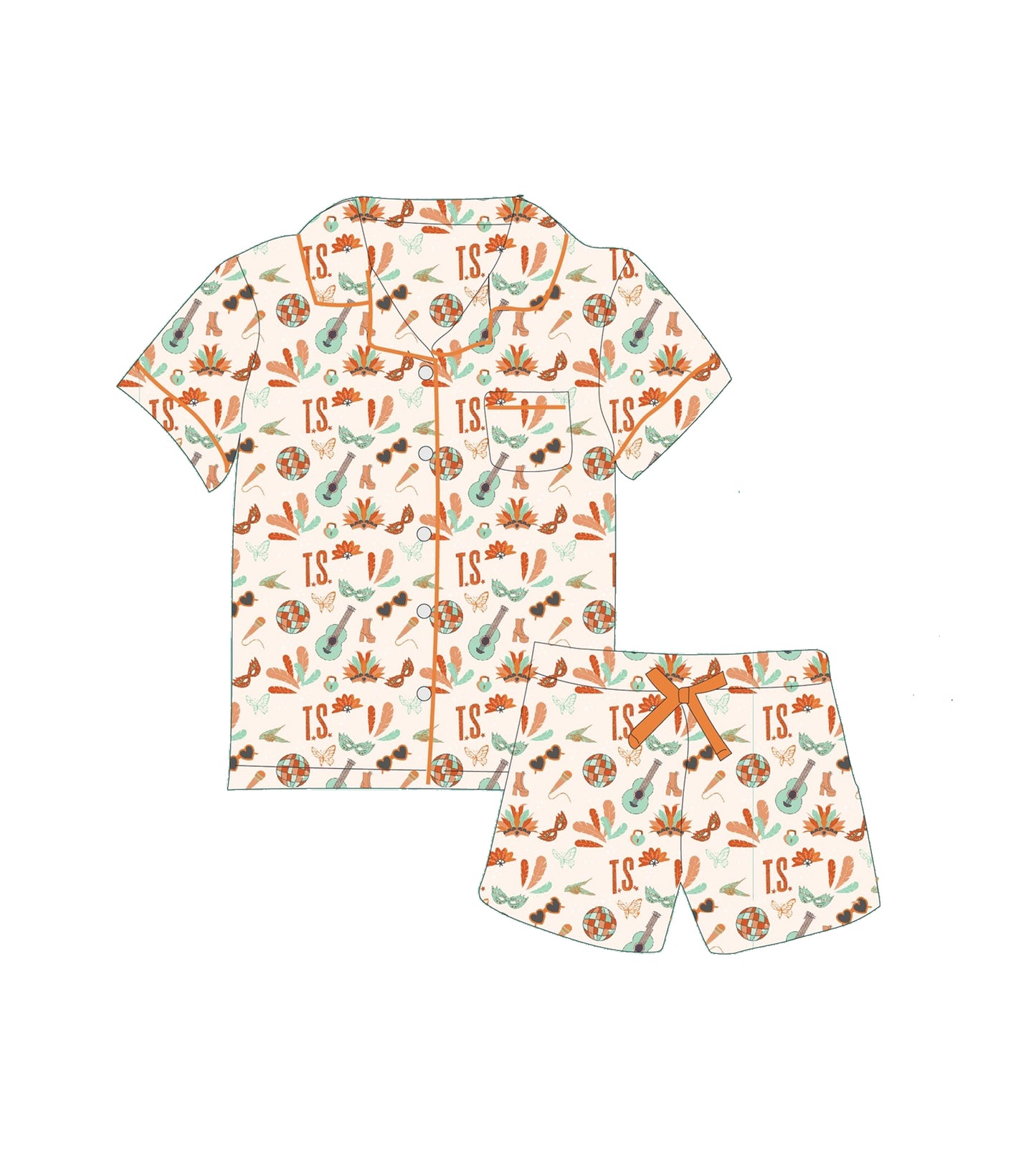 (Pre-order)GSSO2803 Singer Swiftie Guitar Print Girls Buttons Summer Pajamas Clothes Set