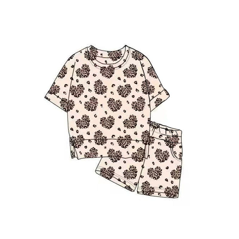 (Pre-order)GSSO2819 Leopard Heart Print Girls Valentine's Day Clothes Set