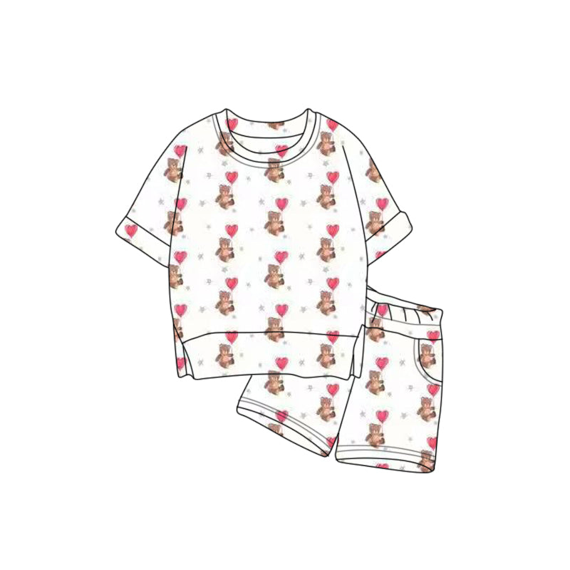 (Pre-order)GSSO2821 Bear Heart Print Girls Valentine's Day Clothes Set