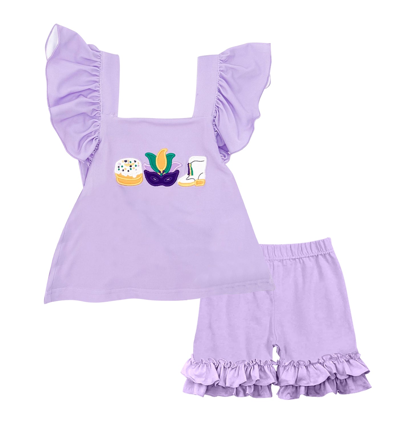 (Pre-order)GSSO2828 Mask Boots Purple Top Ruffle Shorts Girls Mardi Gras Clothes Set